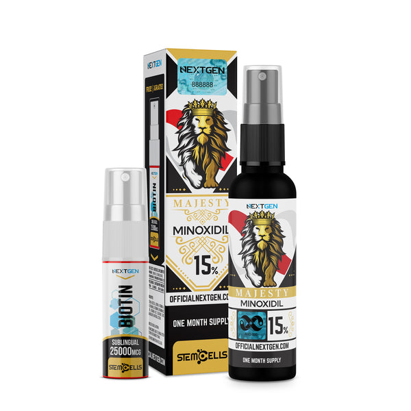 MINOXIDIL NEXTGEN MAJESTY 15% STEM CELLS CÉLULAS MADRE + BIOTINA SUBLINGUAL 25000MCG GRATIS