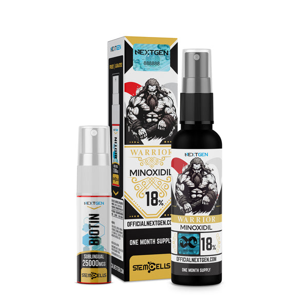 MINOXIDIL NEXTGEN WARRIOR 18% STEM CELLS CÉLULAS MADRE + BIOTINA SUBLINGUAL 25000MCG GRATIS